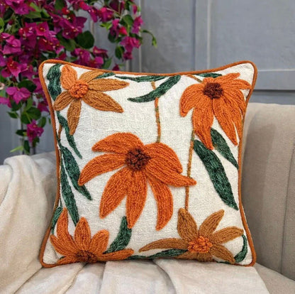 Orange Embroidered Daisy Floral Punch Needle Cushion Cover (18 by 18)