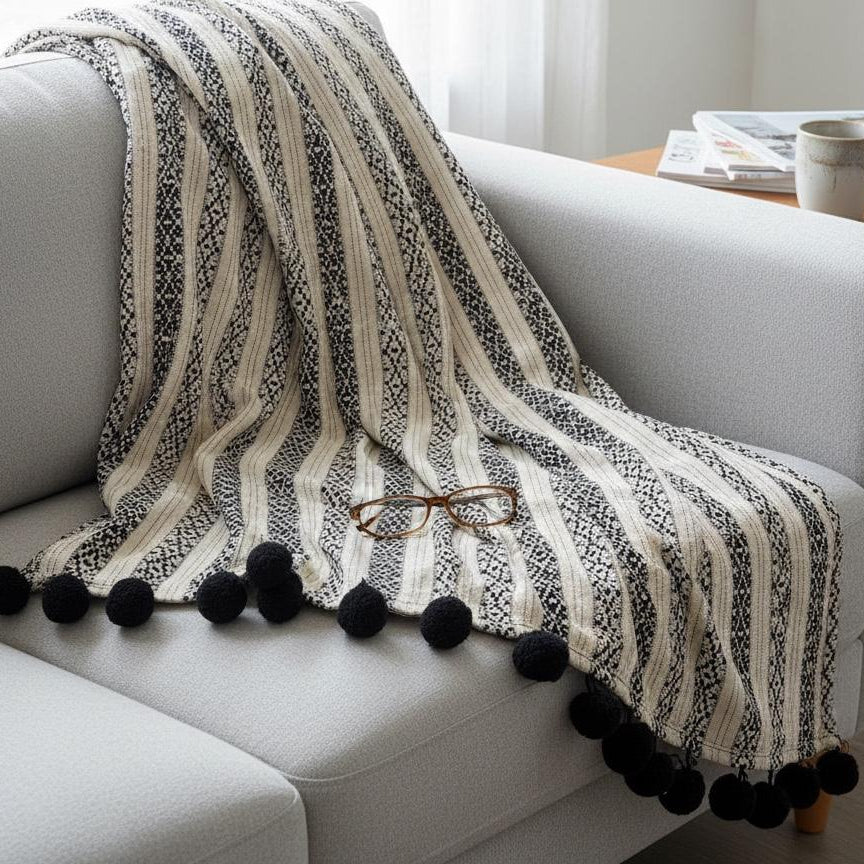 Monochrome Pom Pom Stripe Woven Cotton Sofa Throw