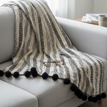 Monochrome Pom Pom Stripe Woven Cotton Sofa Throw