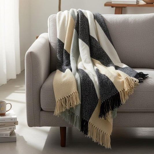 Contrast Block Woven Cotton Sofa Throw