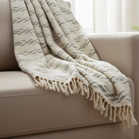 Ivory Tribal Diamond Woven Cotton Sofa Throw