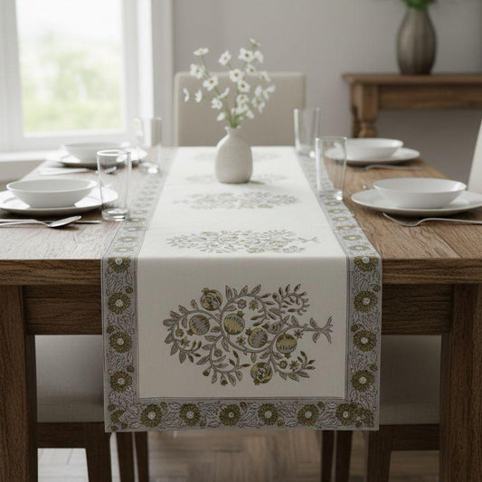 Olive Pomegranate Block Print Cotton Table Runner