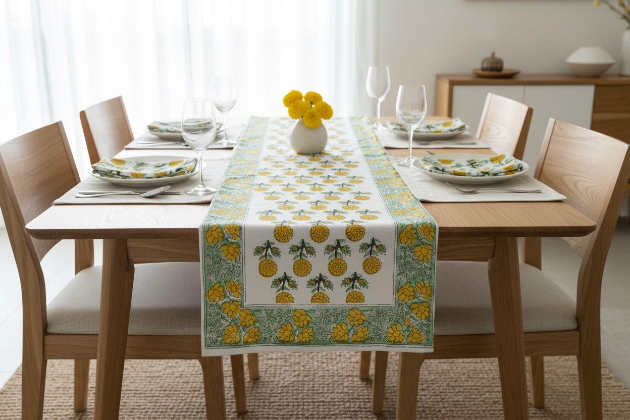 Marigold Garden Block Print Cotton Table Runner