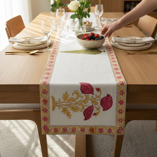 Crimson Lotus Block Print Cotton Table Runner