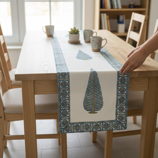 Blue Cypress Tile Block Print Cotton Table Runner