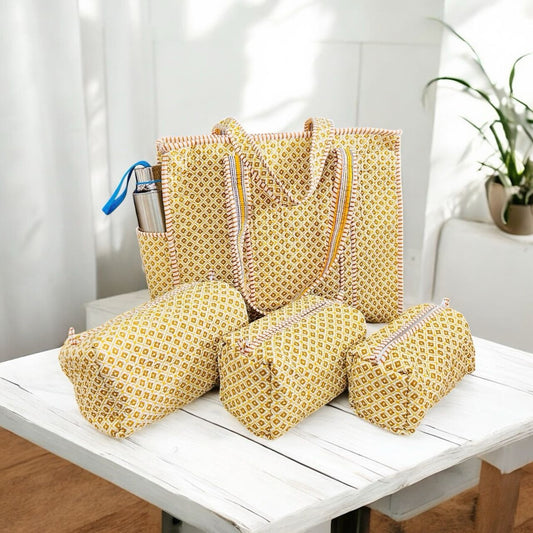 Golden Mosaic Tote Bag Set - Complete Set (1 Tote + 3 Pouches)