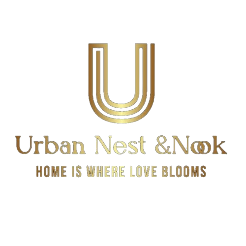 Gold logo of Urban Nest & Nook with a decorative 'U' on a white background.