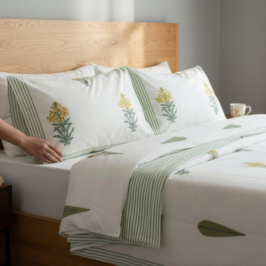 Bed with floral-patterned bedding and a person reading a book.