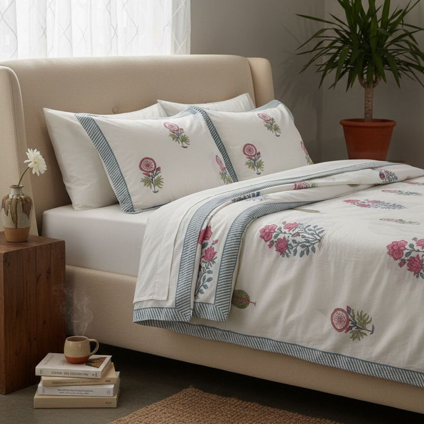 Floral embroidered bedding set on a bed in a bedroom with a plant and books.