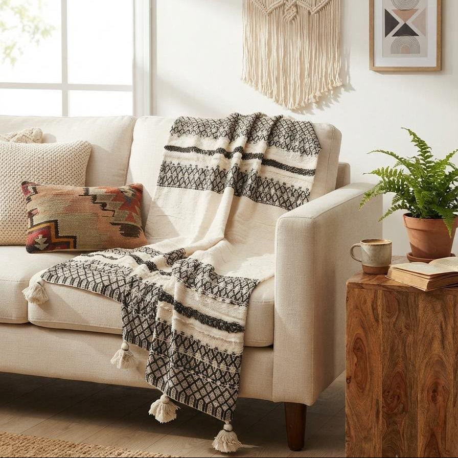 Black & Cream Diamond Weave Sofa Throw