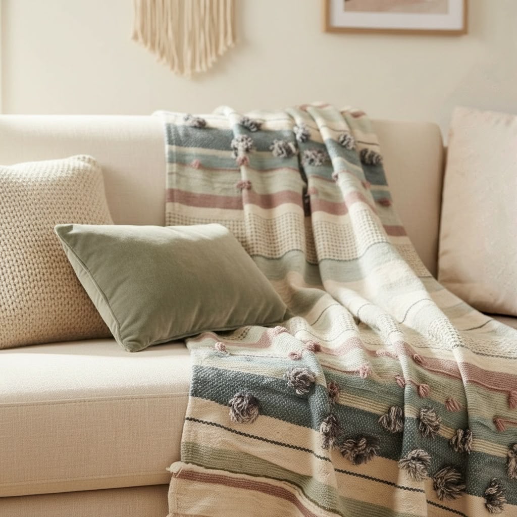 Pom Pom Stripe Sofa Throw/Throw Blanket