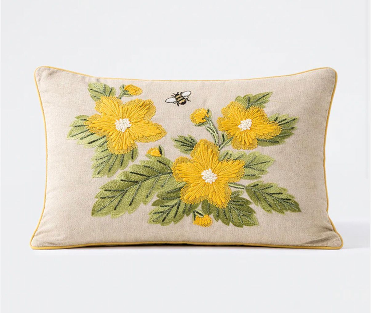 Yellow Embroidered Floral Bee Lumbar Cushion Cover (14x20)