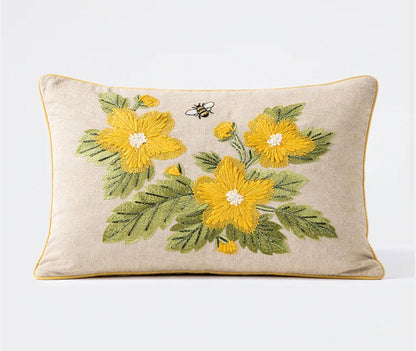 Yellow Embroidered Floral Bee Lumbar Cushion Cover (14x20)