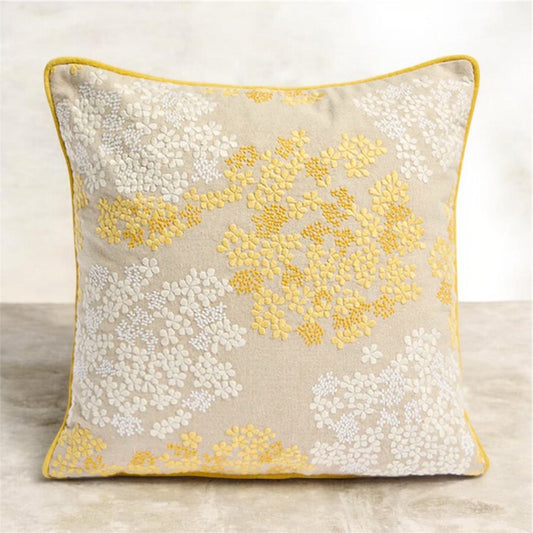 Yellow Embroidered Floral Cluster Cushion Cover