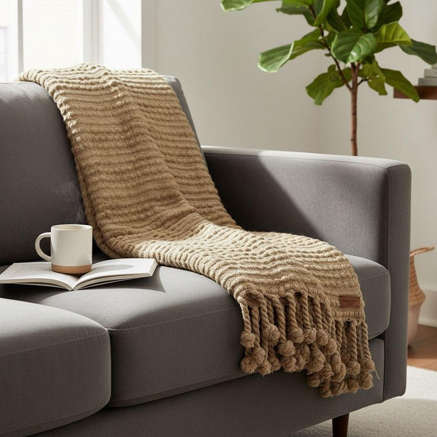 Gray sofa with a beige knitted blanket, book, and mug in a cozy living room.