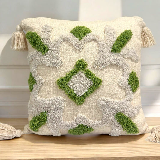 Green & Gray Tufted Floral Cushion Cover image 0
