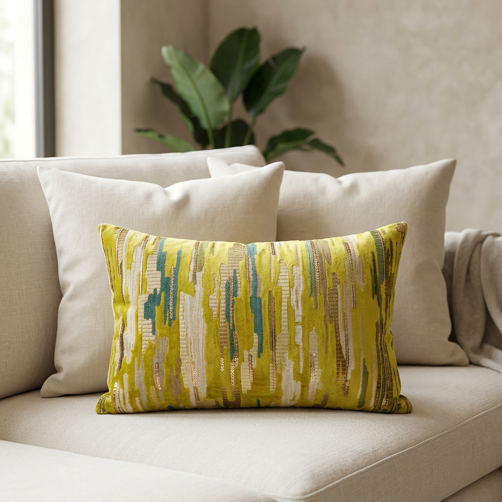 Yellow abstract lumbar cushion with cream and teal stripes, layered with neutral cushions on an ivory sofa