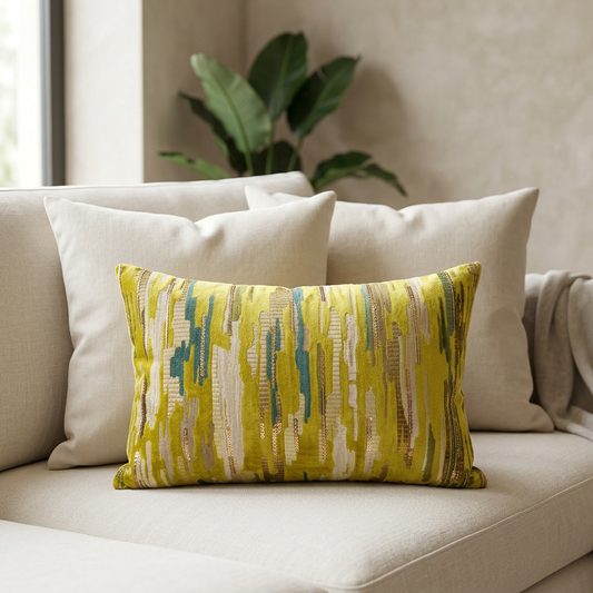 Yellow abstract lumbar cushion with cream and teal stripes, layered with neutral cushions on an ivory sofa