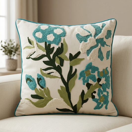 Teal floral cushion cover styled on an ivory sofa