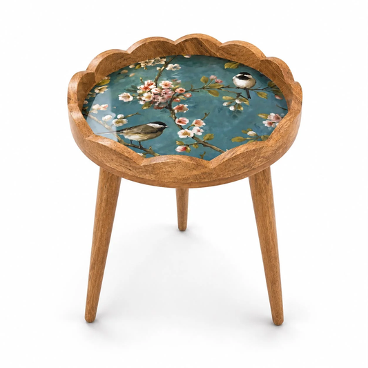 Blue birds and blossoms scalloped side table with three legs