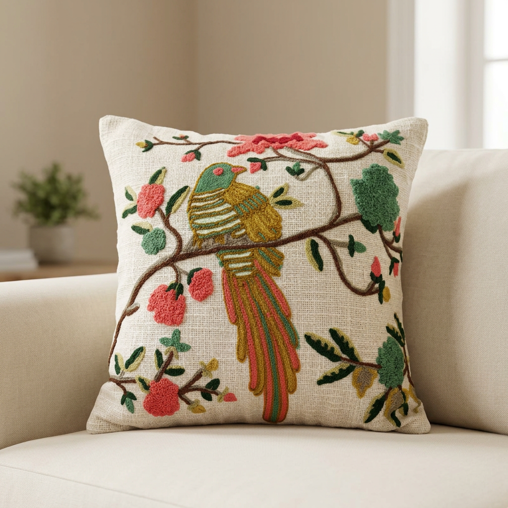 Cream cushion cover with a single embroidered long-tailed bird and red flowers, styled on an ivory sofa