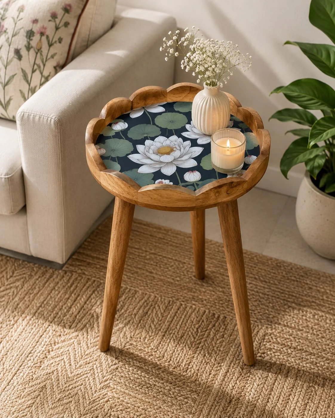 Lotus floral side table with scalloped rim and three removable legs