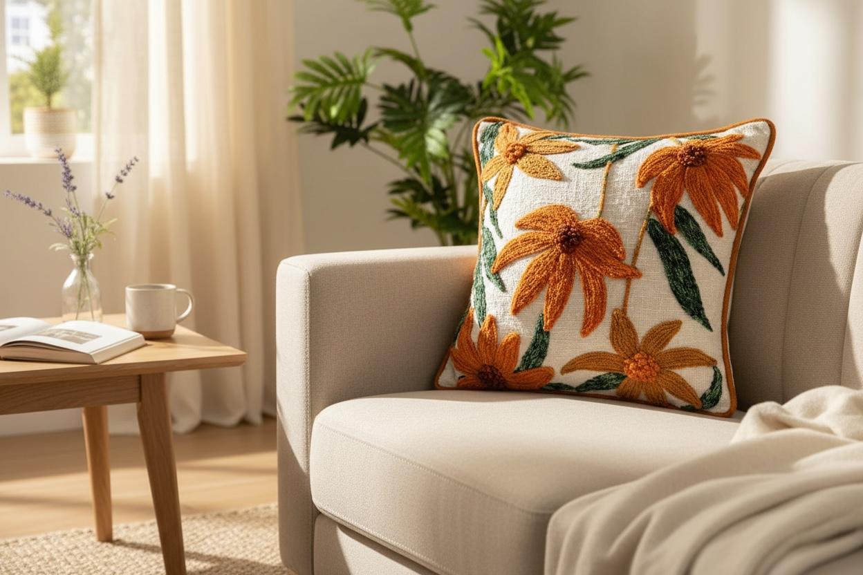 Orange Embroidered Daisy Floral Punch Needle Cushion Cover (18 by 18)