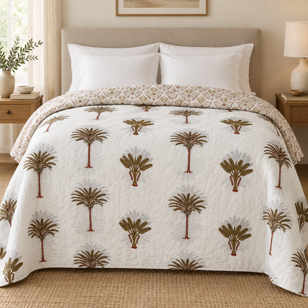 Palm-pattern quilt styled on a bed