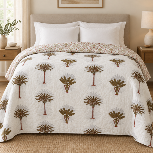Palm-pattern quilt styled on a bed