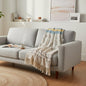 Gray sofa with a blanket and a plant in a bright living room