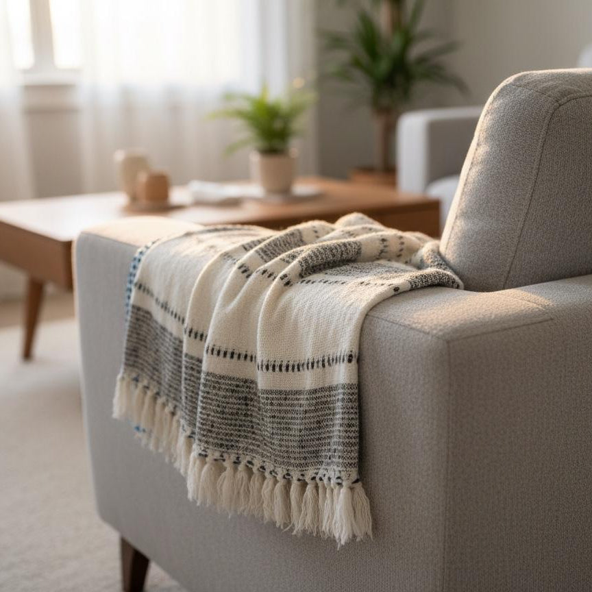 Gray sofa with a striped blanket draped over it in a living room setting.
