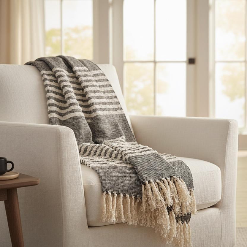White armchair with a striped blanket, coffee cup, and plant in a bright living room.