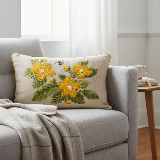 Yellow Embroidered Floral Bee Lumbar Cushion Cover (14x20)