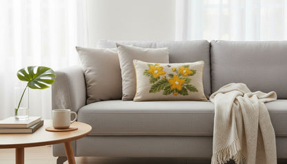 Yellow Embroidered Floral Bee Lumbar Cushion Cover (14x20)